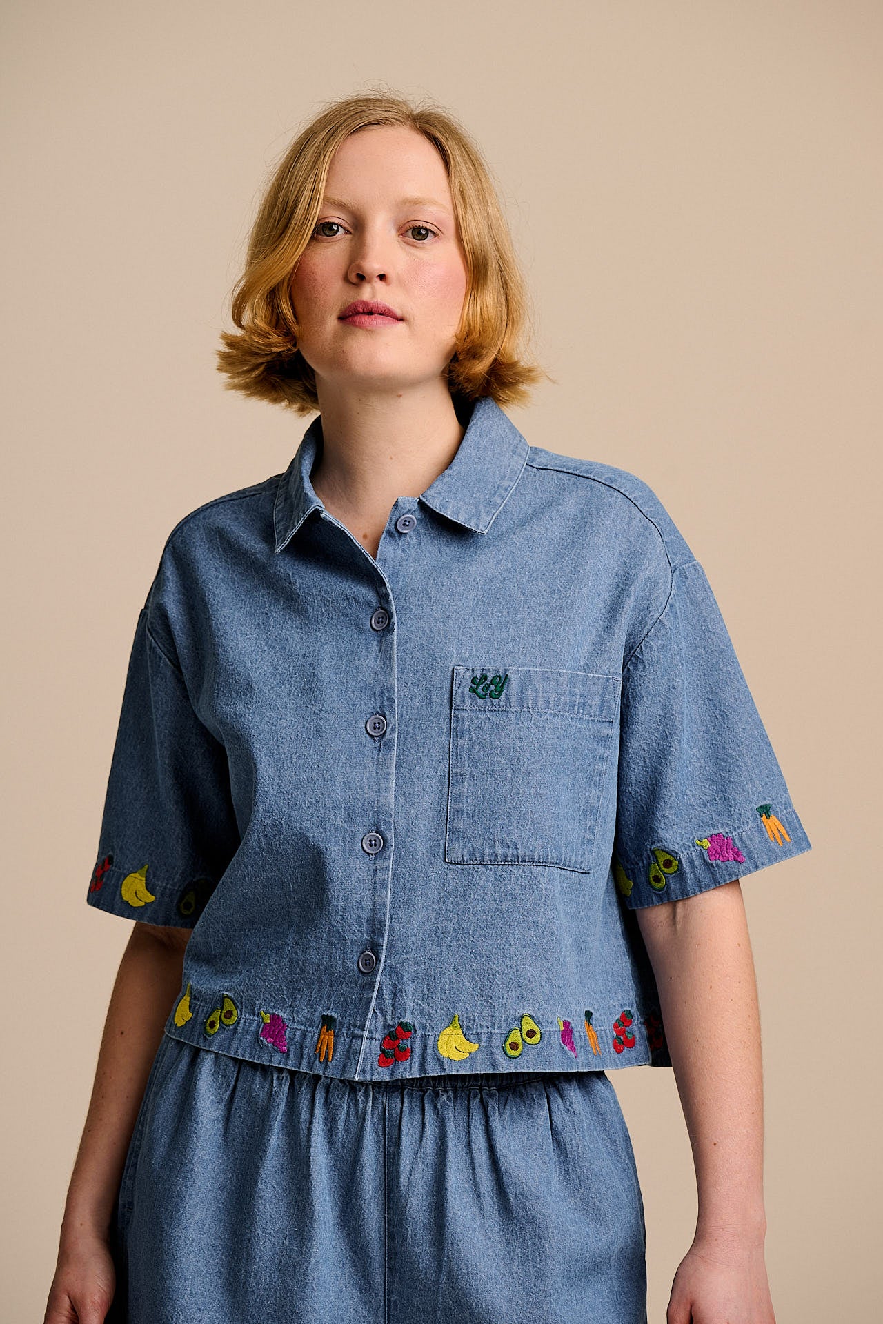 Archer - Cotton Shirt in Light Blue with Veg Embroidery