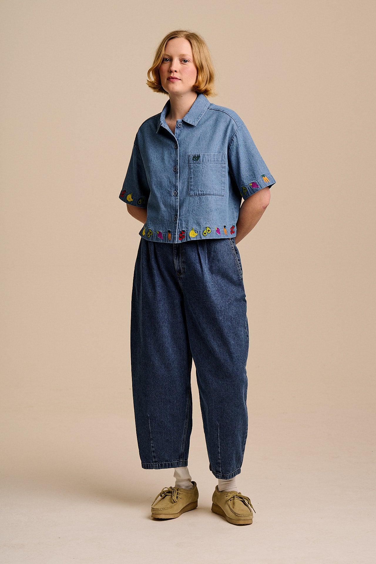 Archer - Cotton Shirt in Light Blue with Veg Embroidery