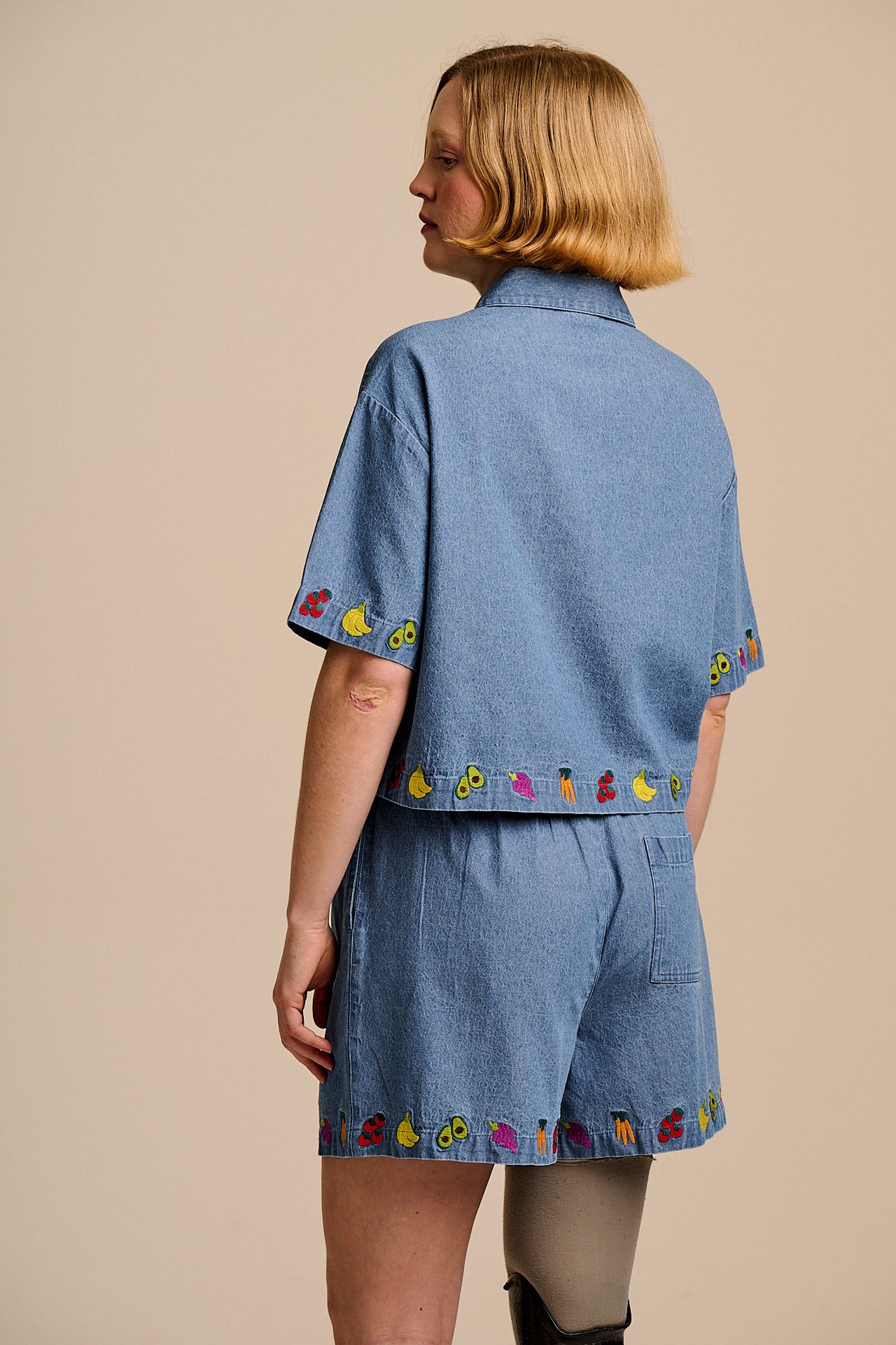 Archer - Cotton Shirt in Light Blue with Veg Embroidery