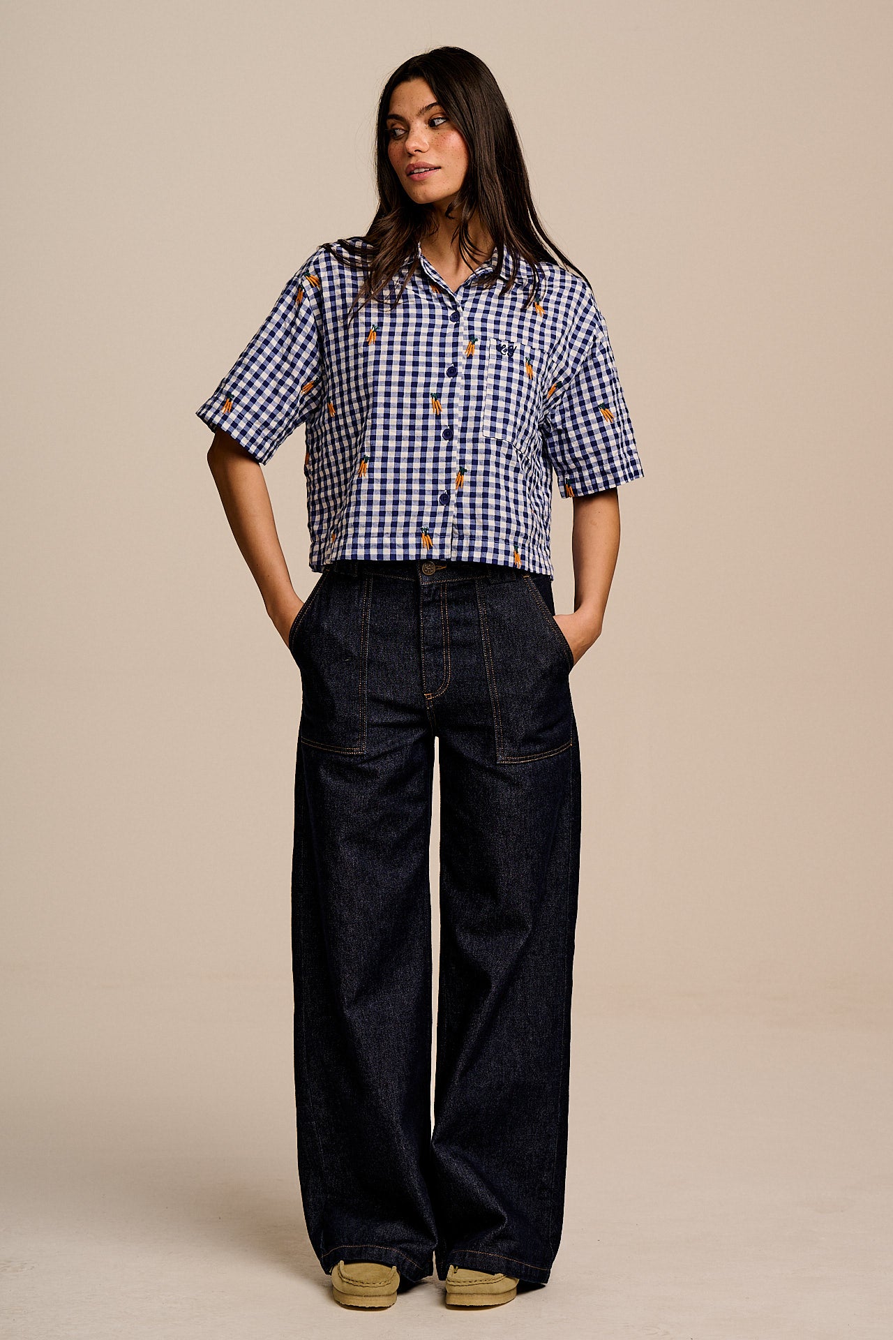 Archer -  Cotton Shirt in Gingham with Carrot Embroidery