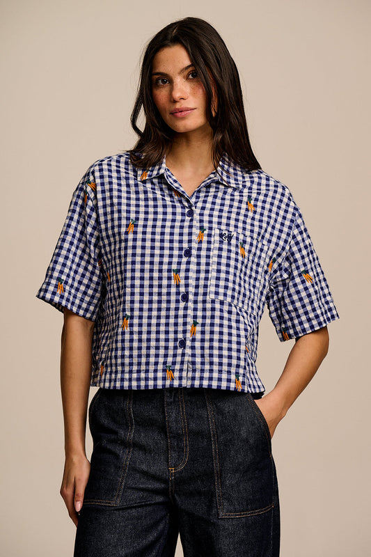 Archer -  Cotton Shirt in Gingham with Carrot Embroidery