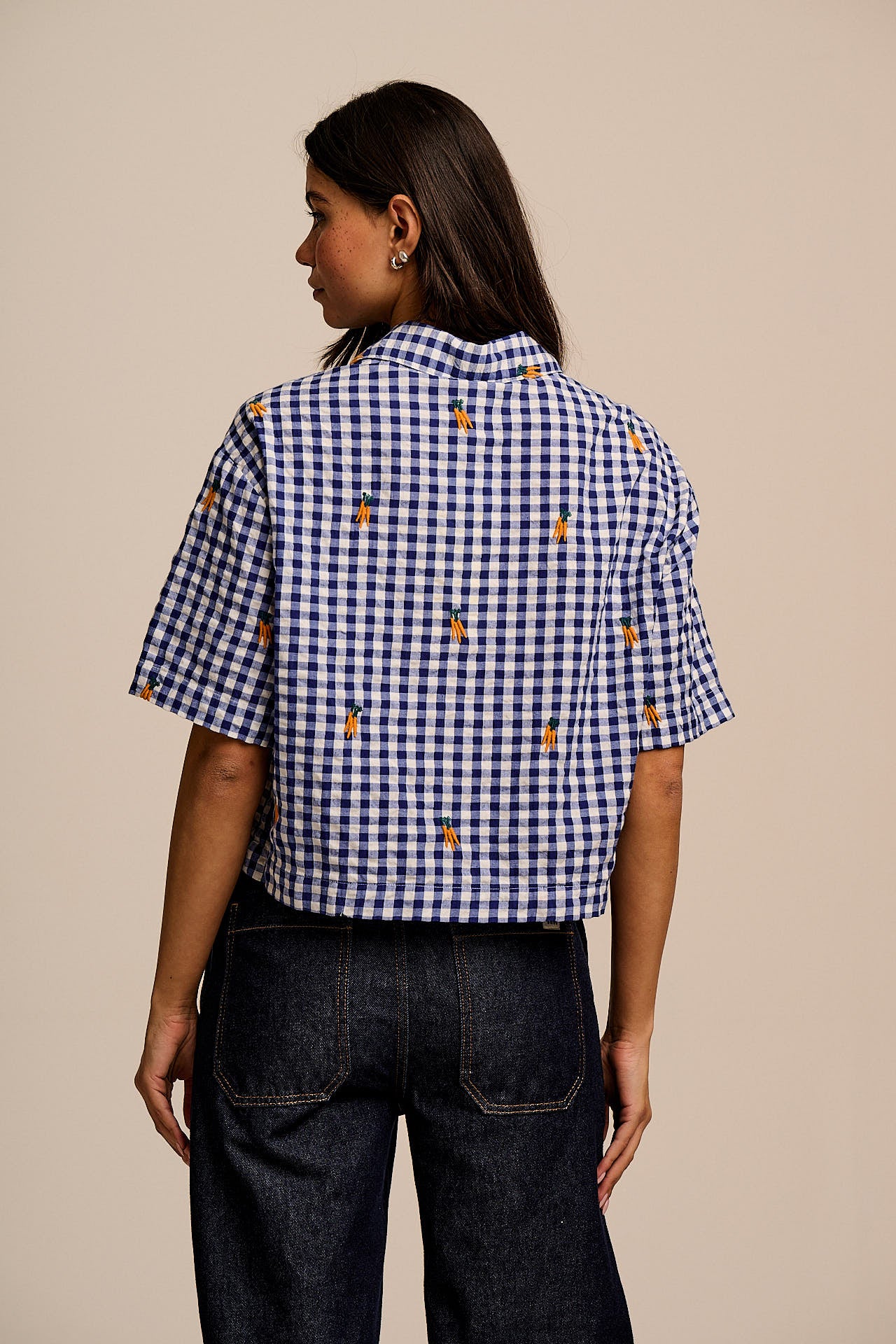 Archer -  Cotton Shirt in Gingham with Carrot Embroidery