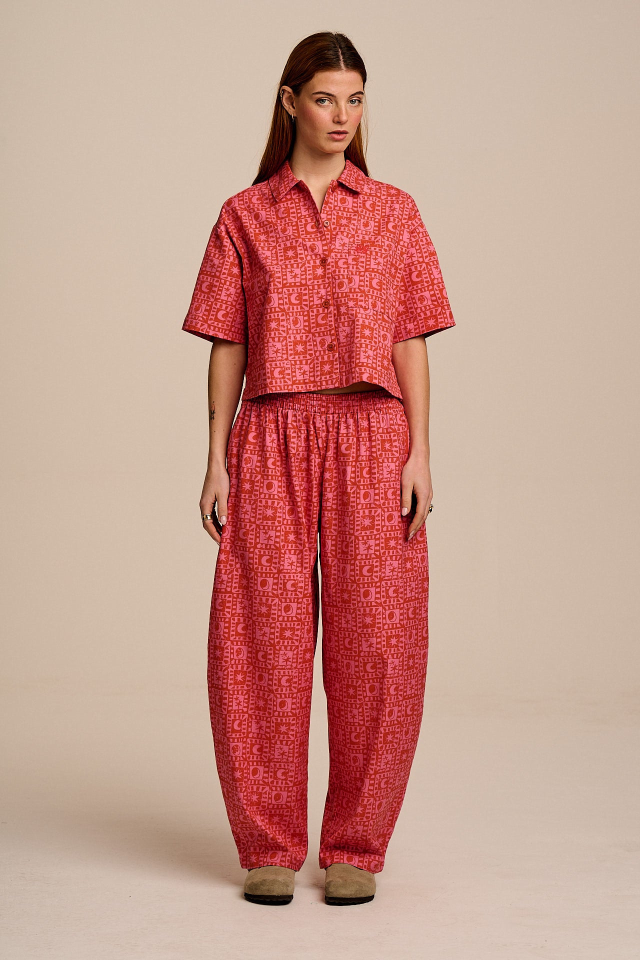 Freddie - Barrel Leg Cotton Trousers in Pink & Red Lunar Checkerboard