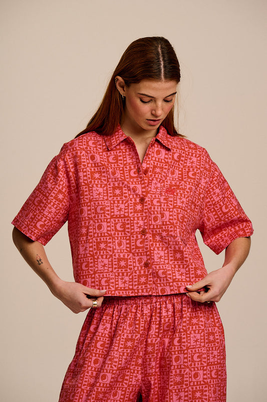Archer - Cotton Shirt In Pink & Red Lunar Checkerboard