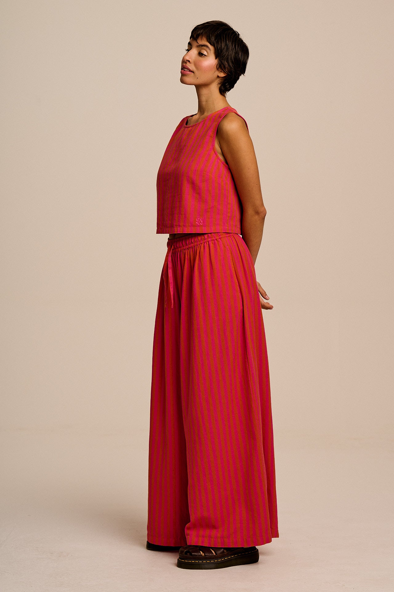 Aster - Cotton & Linen Trousers in Pink & Orange Stripe