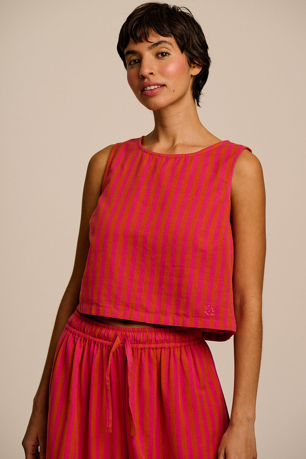 Arden - Cotton & Linen Shell Top in Pink & Orange Stripe