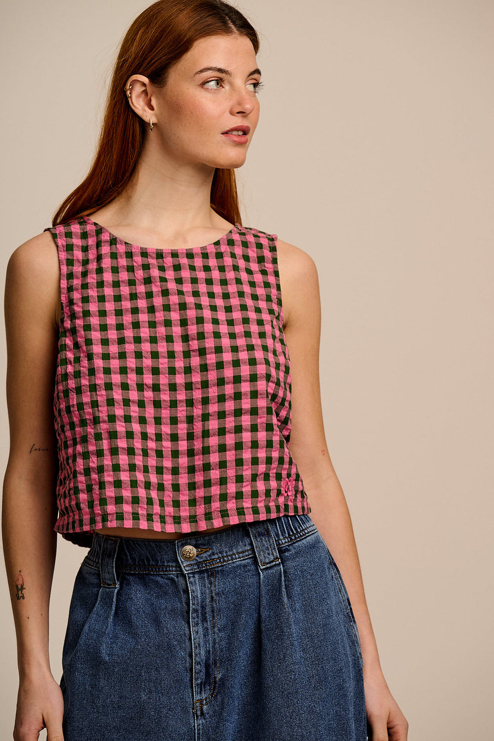 Arden - Cotton Shell Top in Pink & Green Check