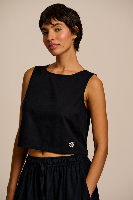 Arden - Cotton & Linen Shell Top in Black