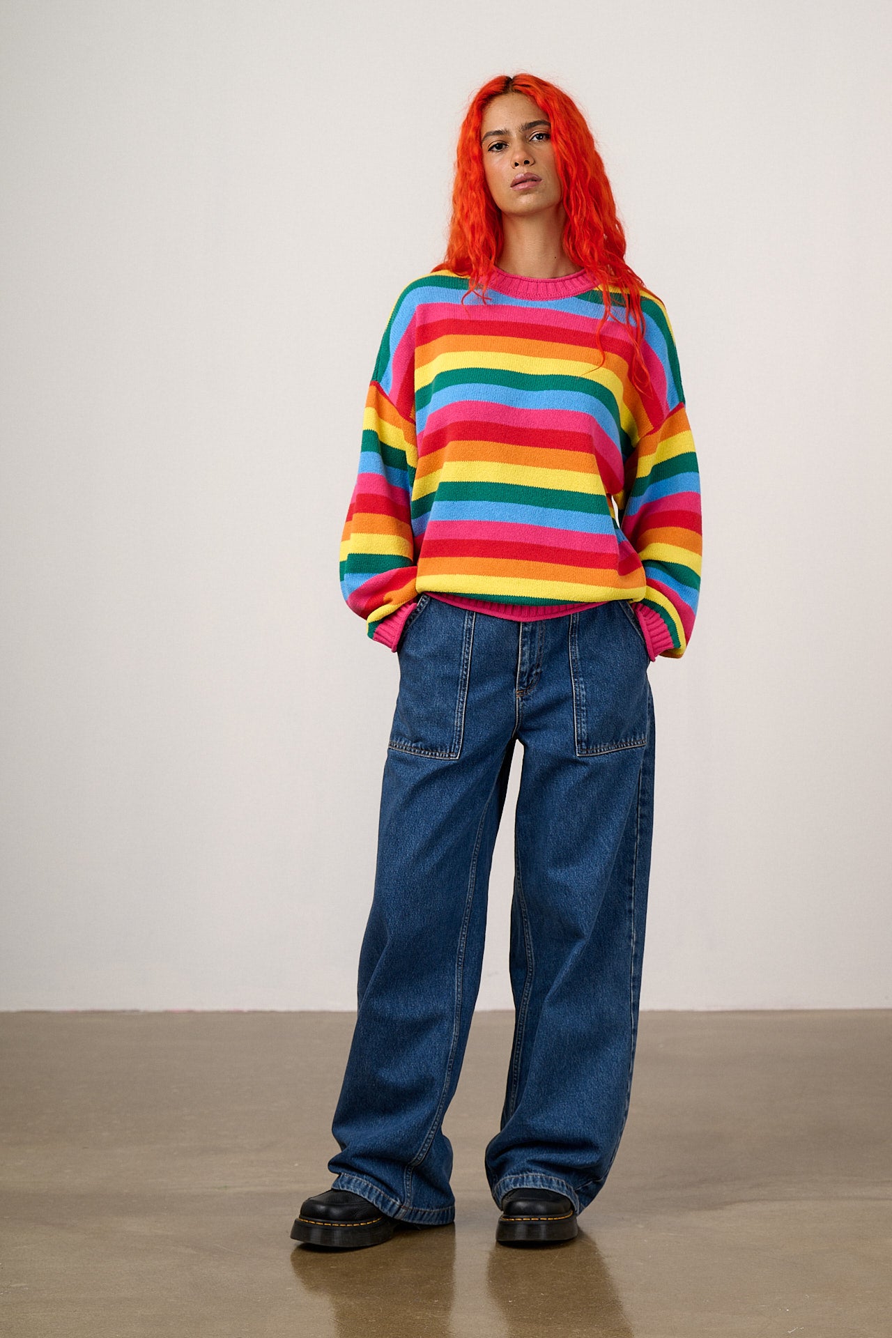 Areum - Cotton Bubble Hem Knitted Jumper in Rainbow Stripe