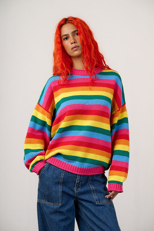 Areum - Cotton Bubble Hem Knitted Jumper in Rainbow Stripe