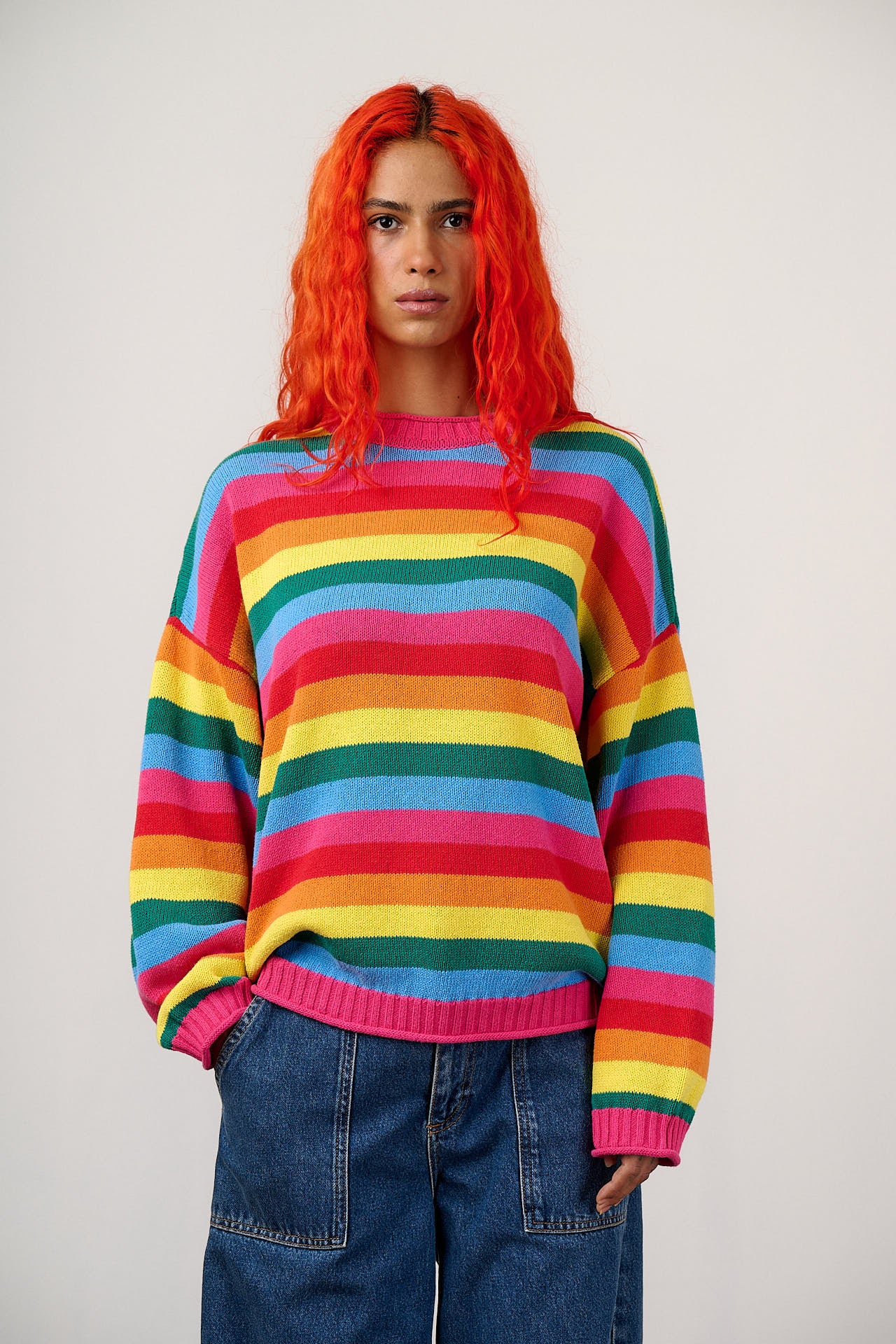 Areum - Cotton Bubble Hem Knitted Jumper in Rainbow Stripe