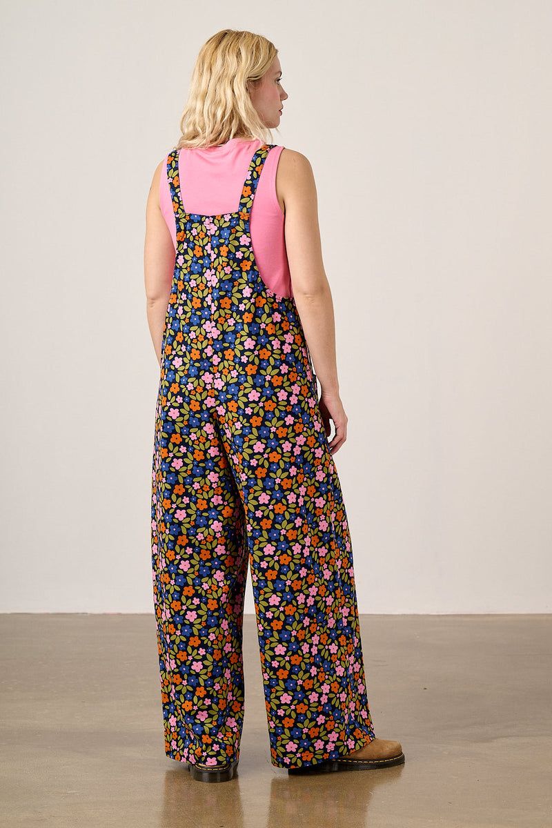 Arlo - Cotton Wide Leg Dungarees in Navy Floral