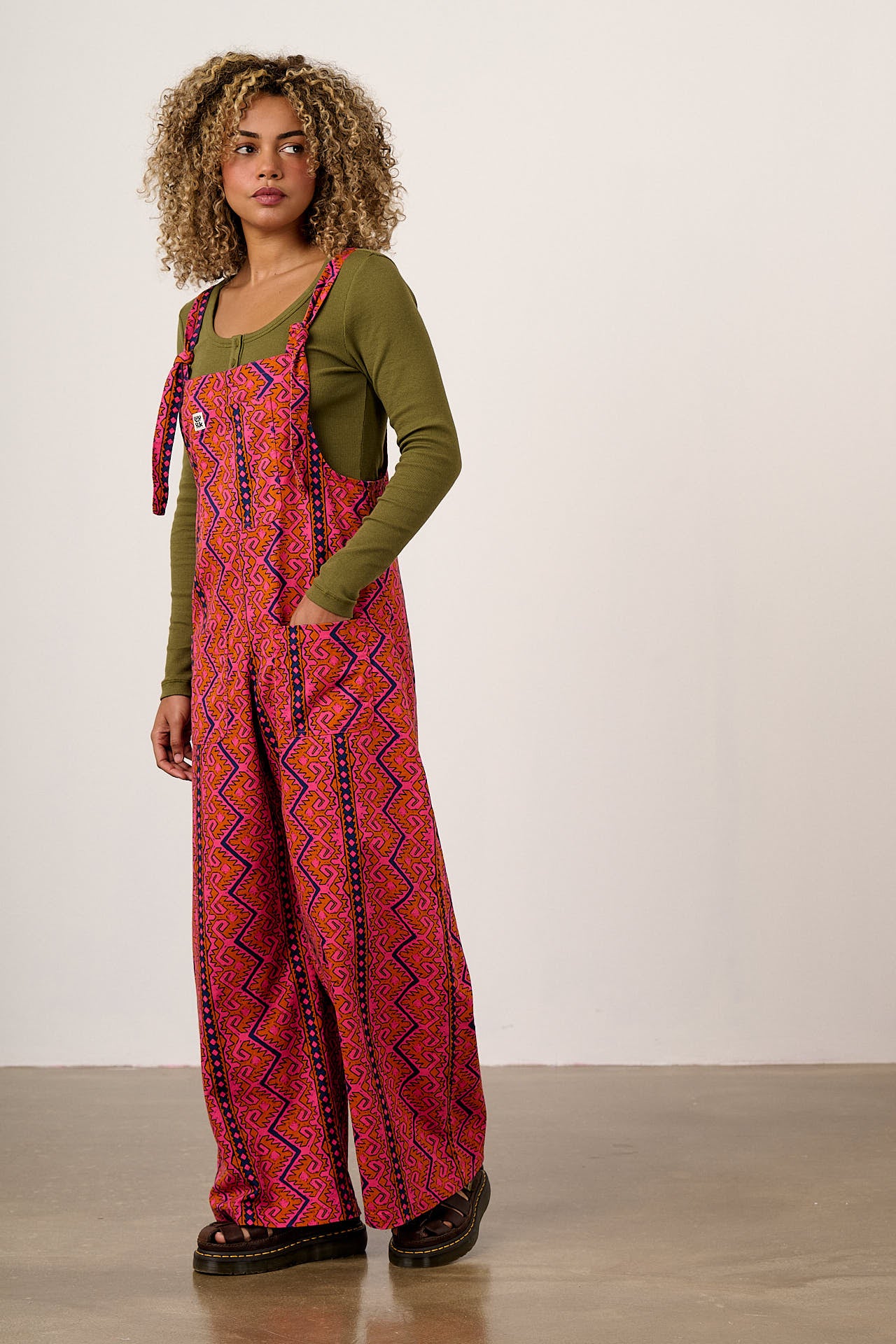 Arlo - Cotton Wide Leg Dungarees in Red Zig Zag Stripe