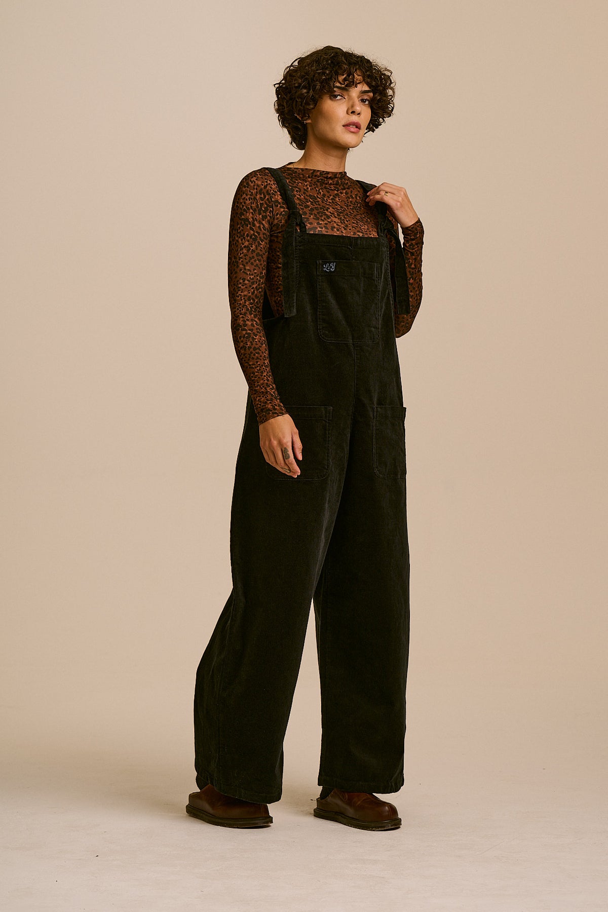 Arlo - Cord Wide Leg Dungaree in Black