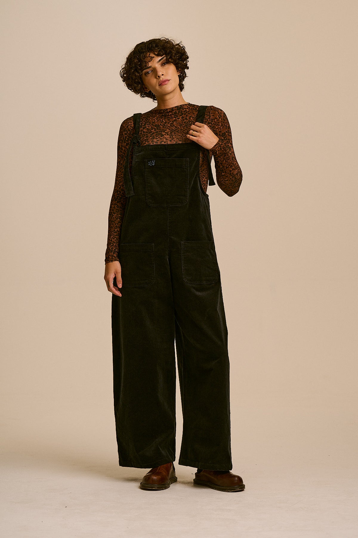 Arlo - Cord Wide Leg Dungaree in Black