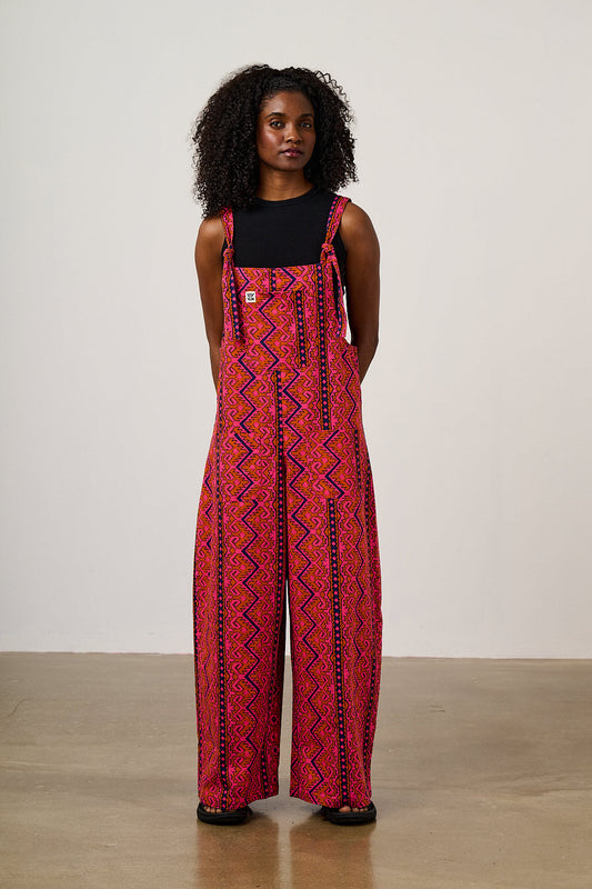 Arlo - Cotton Wide Leg Dungarees in Red Zig Zag Stripe