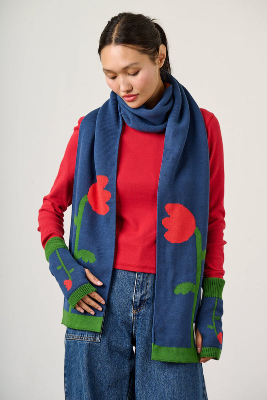 Aroha - Organic Cotton Knitted Scarf in Blue Tulip Floral
