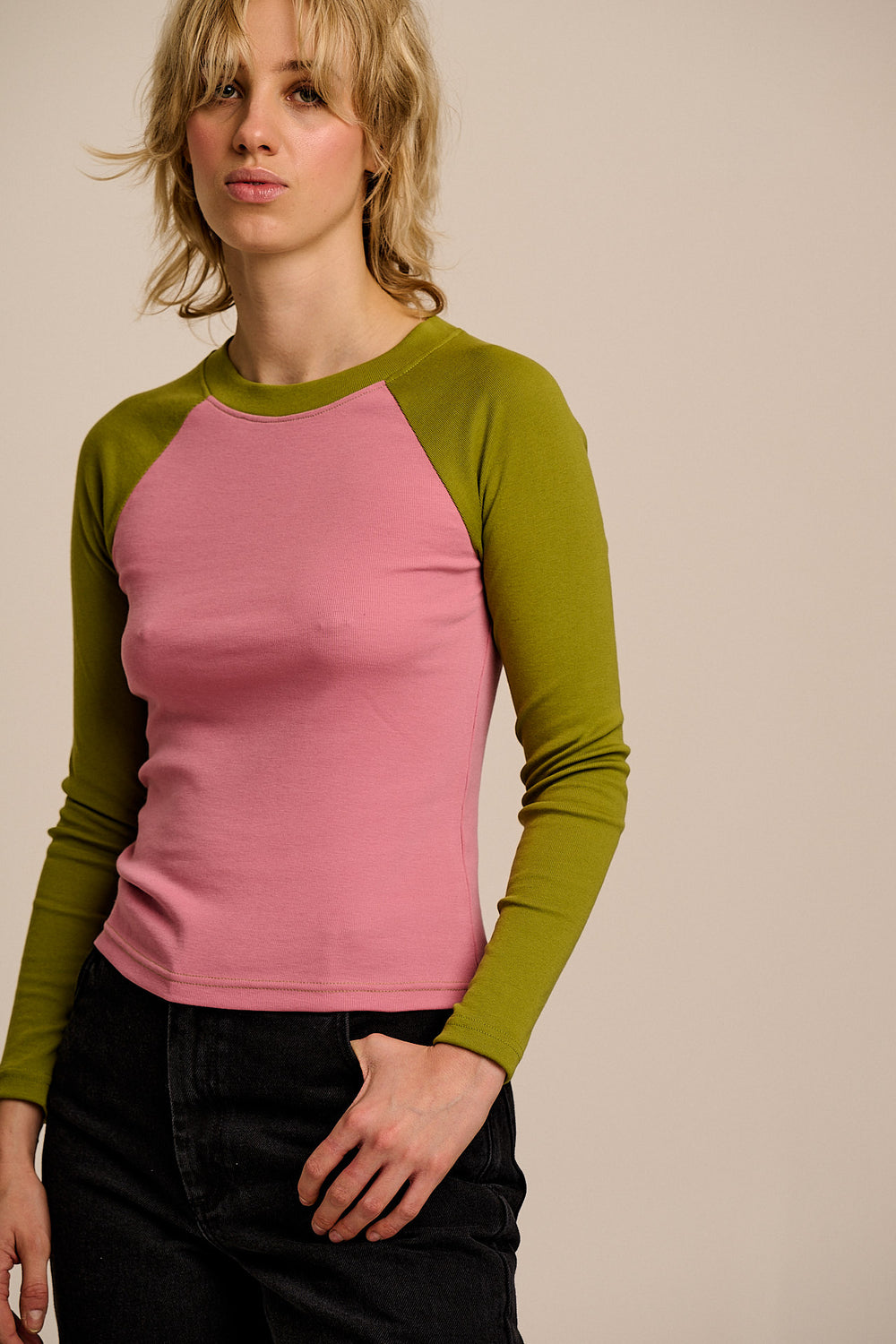 Avi - Long Sleeve Raglan Top in Pink & Green