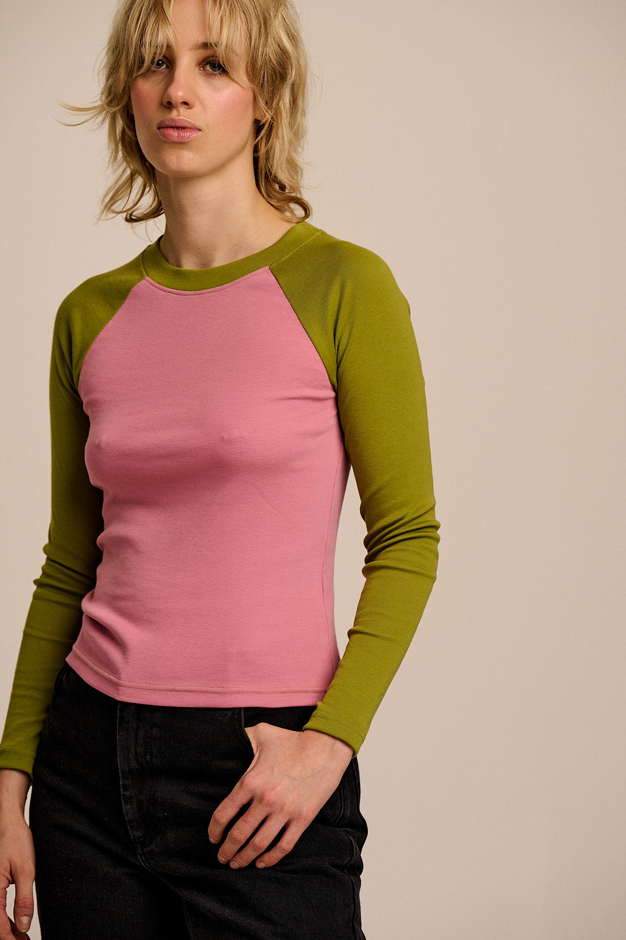 Avi - Long Sleeve Raglan Top in Pink & Green