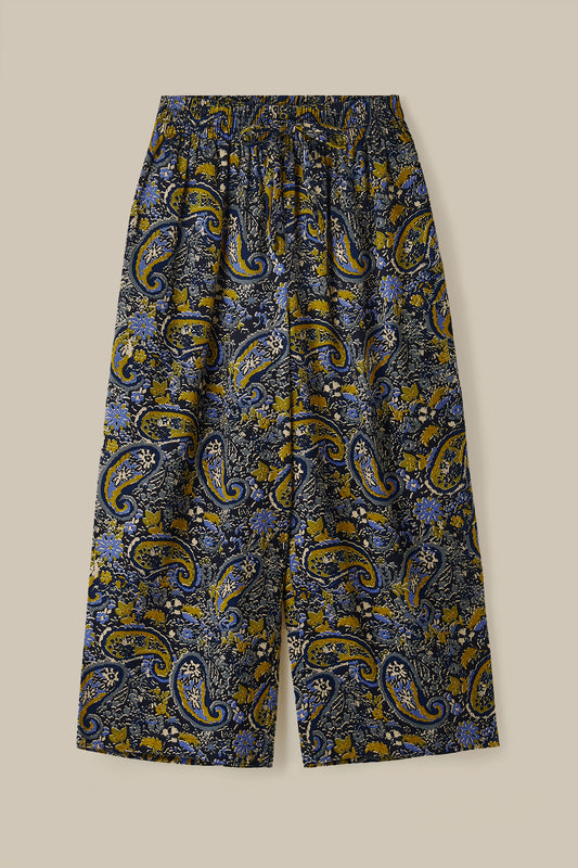 Chuck - Wide Leg Cotton Trousers in Grunge Blue Paisley Print