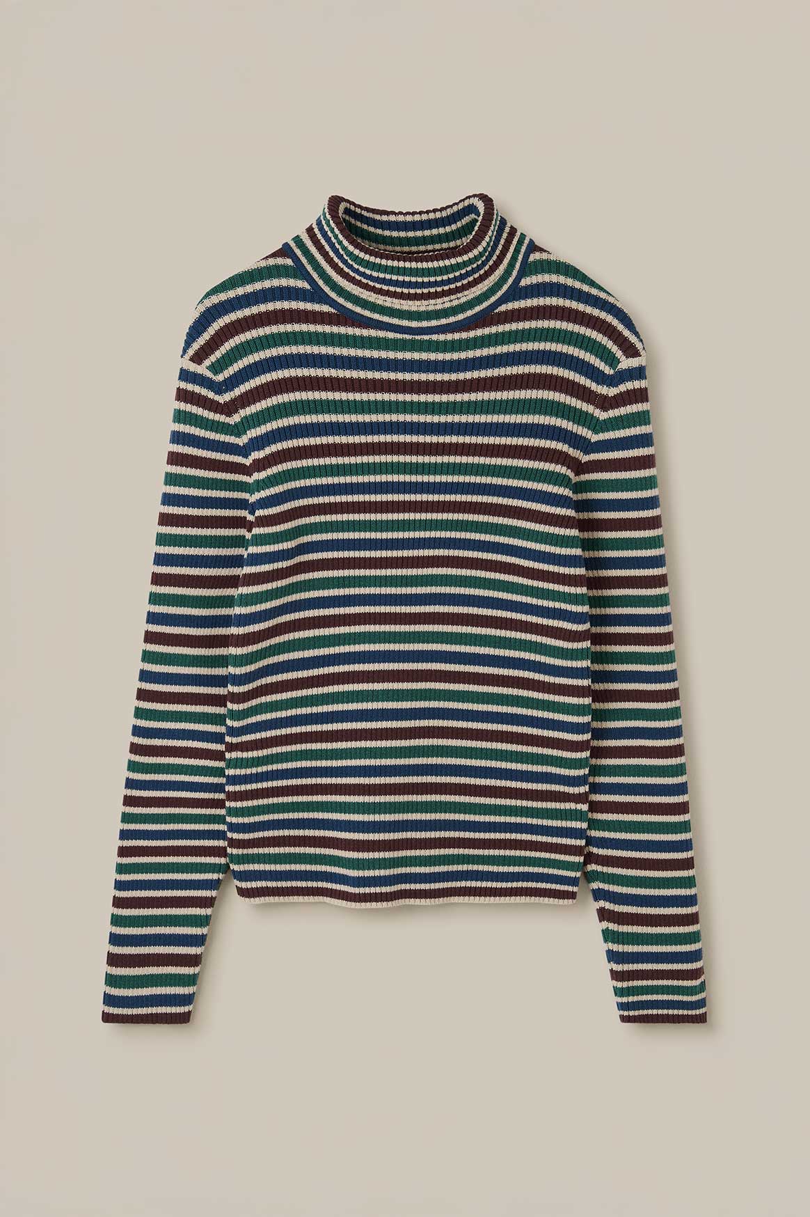 Eva - Knitted Roll Neck Long Sleeve Top in Earthy Stripe