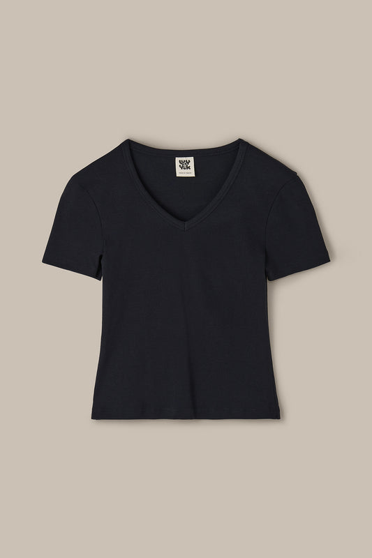 Ivy - Ribbed Cotton V Neck T-Shirt in Black