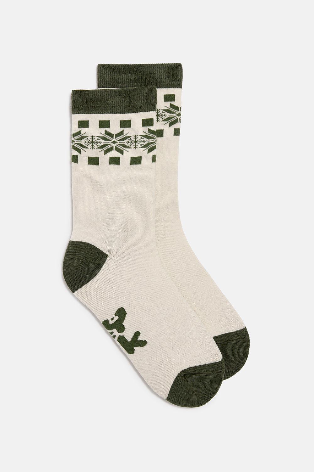 JoJo - Cotton Socks in Green & Ecru Snowflake