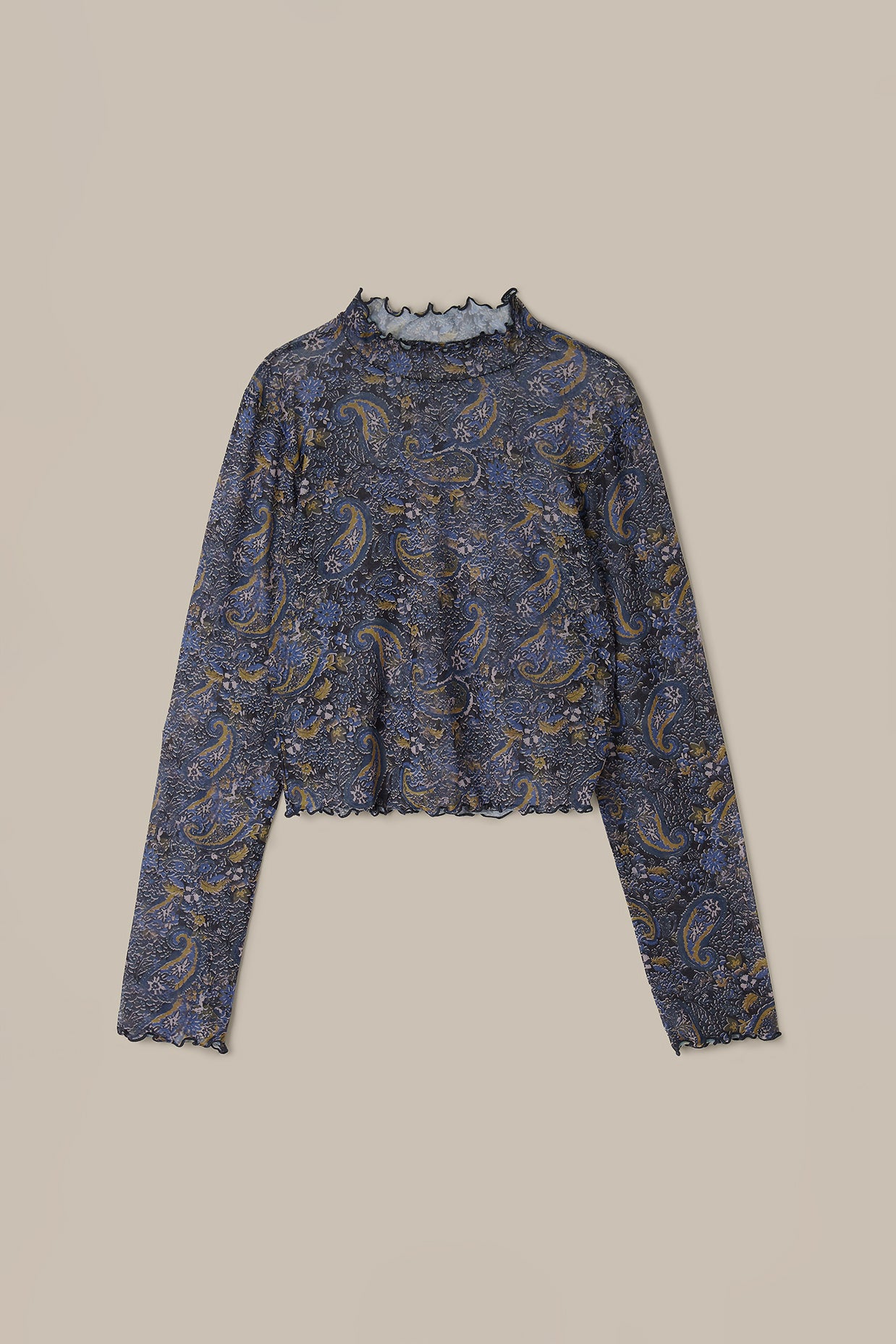 Perrie - Long Sleeve Mesh Top in Blue Grunge Paisley Print