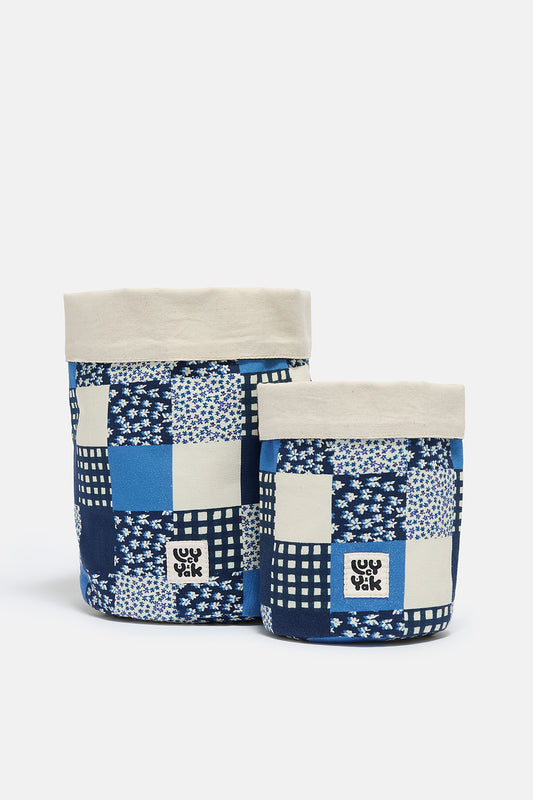 Runa - Plant Pot Covers in Cotton Blue Patchwork (2 Pack)