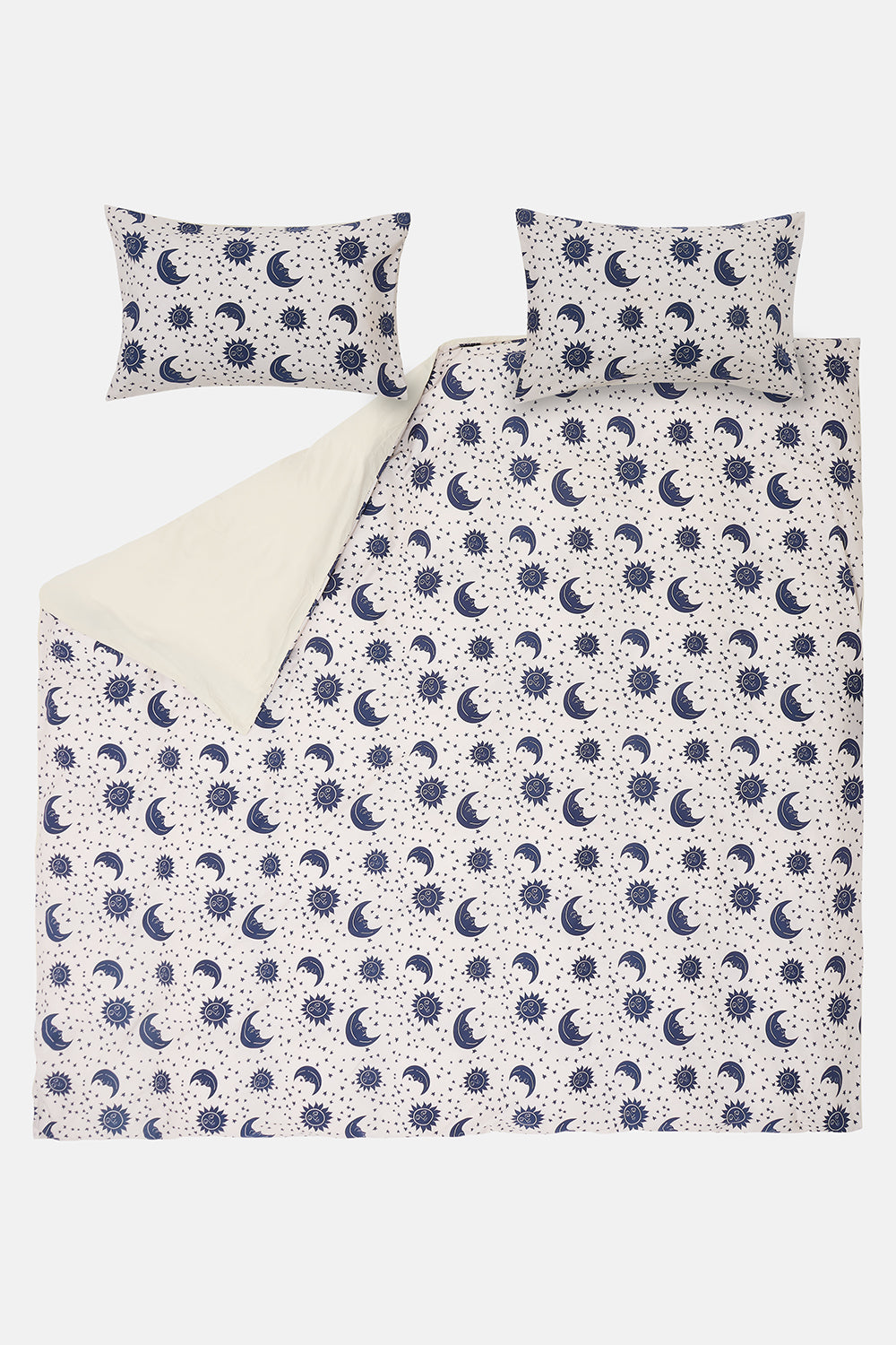 Yolanda - Soft Cotton Bed Sheets in Navy & Ecru Celestial Print