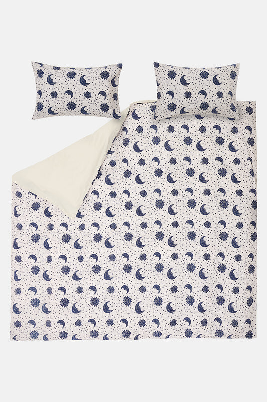 Yolanda - Soft Cotton Bed Sheets in Navy & Ecru Celestial Print