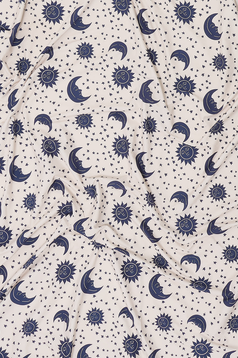 Yolanda - Soft Cotton Bed Sheets in Navy & Ecru Celestial Print