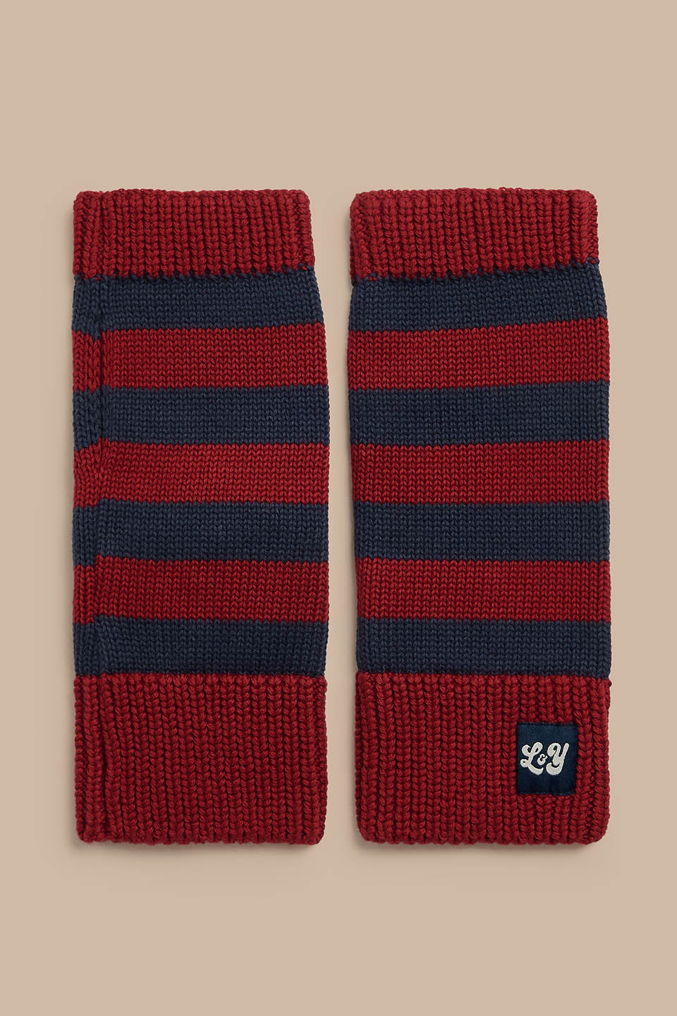 Caspian - Fingerless Knitted Gloves in Burgundy and Blue