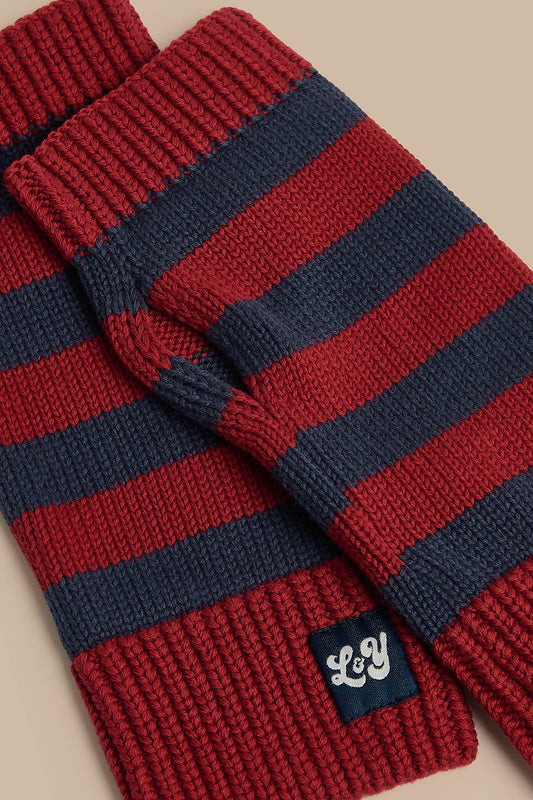 Caspian - Fingerless Knitted Gloves in Burgundy and Blue