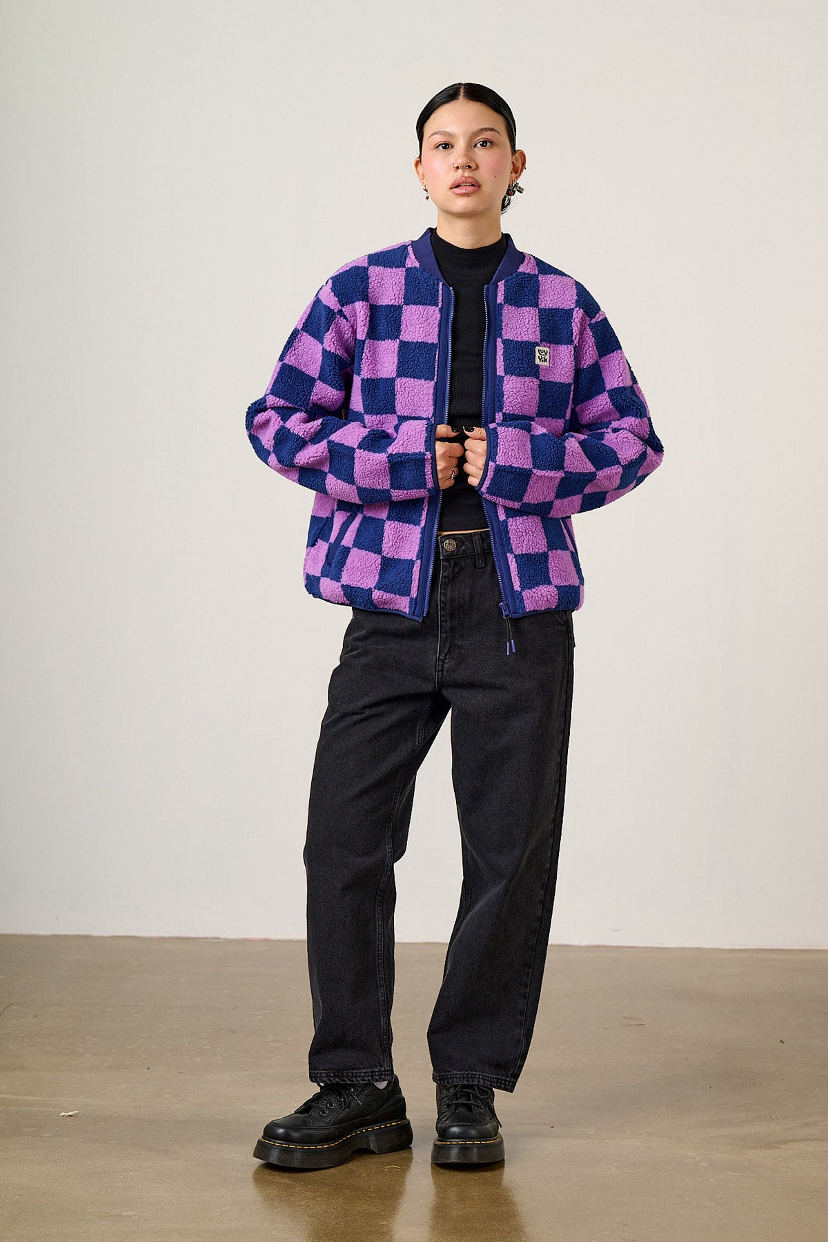 Cassie - Fleece Bomber Jacket in Checkerboard