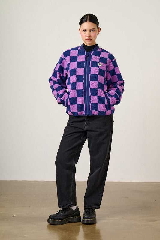 Cassie - Fleece Bomber Jacket in Checkerboard
