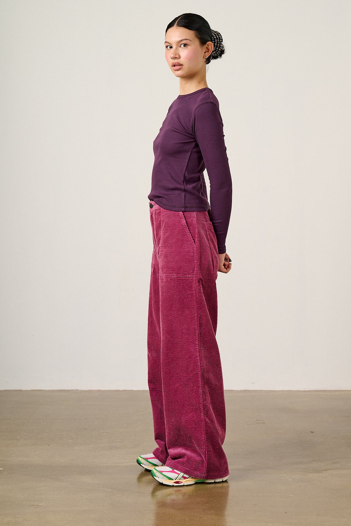 Delores - Organic Cord Wide Leg Trouser in Raspberry