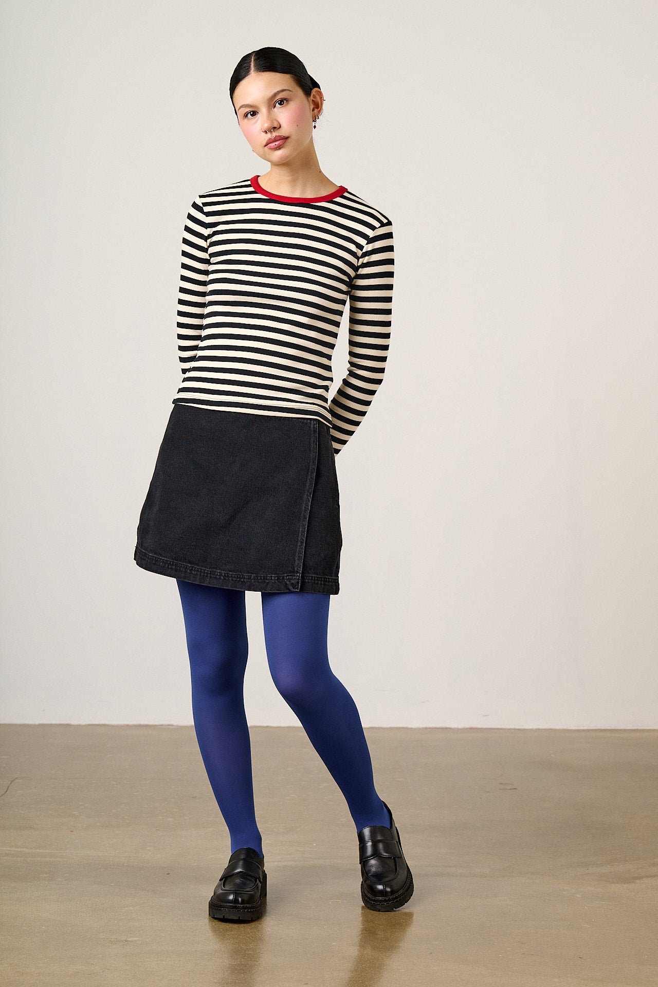 Grayson - Long Sleeve Cotton Jersey Top in Black & Ecru Stripe