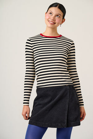 Grayson - Long Sleeve Cotton Jersey Top in Black & Ecru Stripe