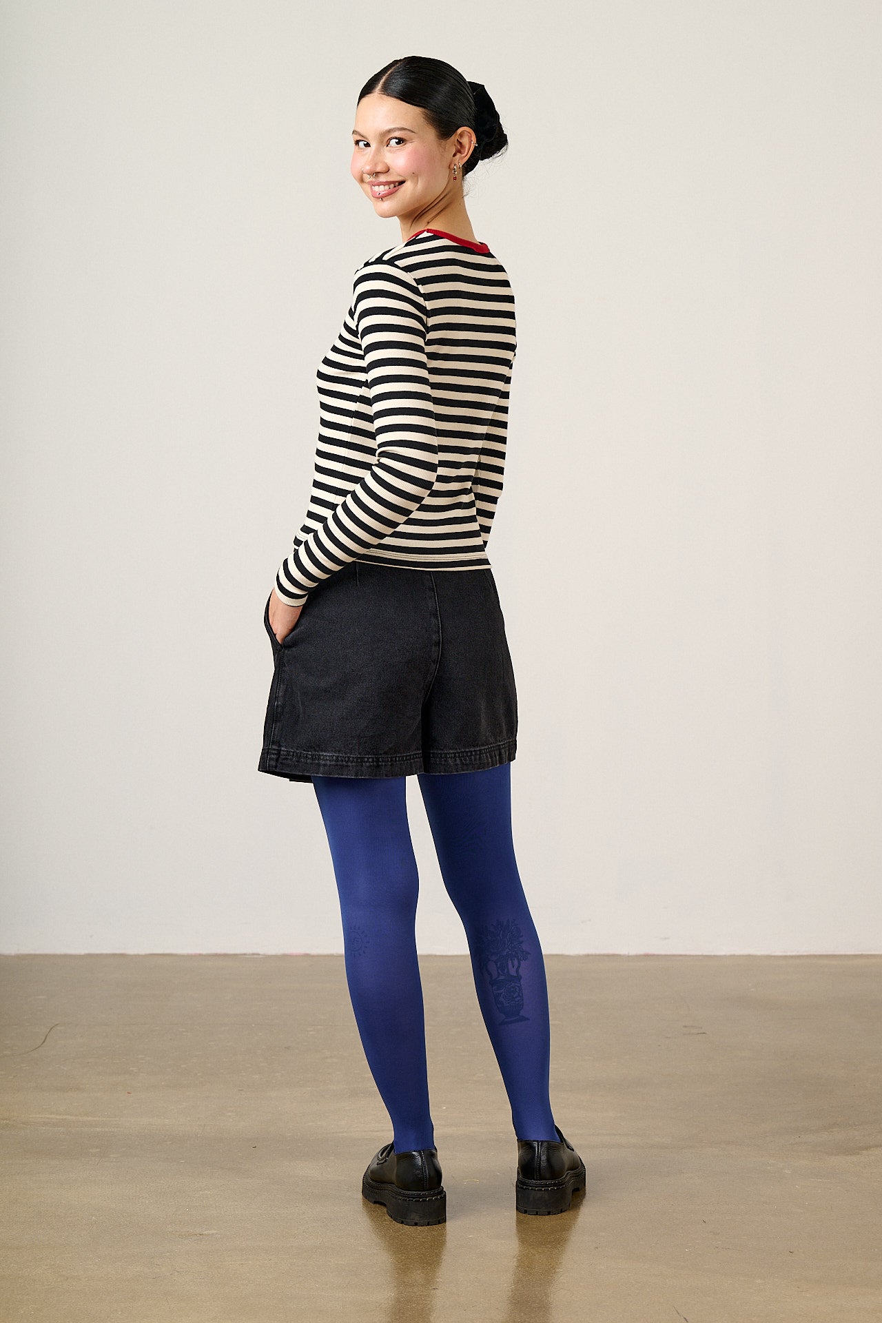 Grayson - Long Sleeve Cotton Jersey Top in Black & Ecru Stripe