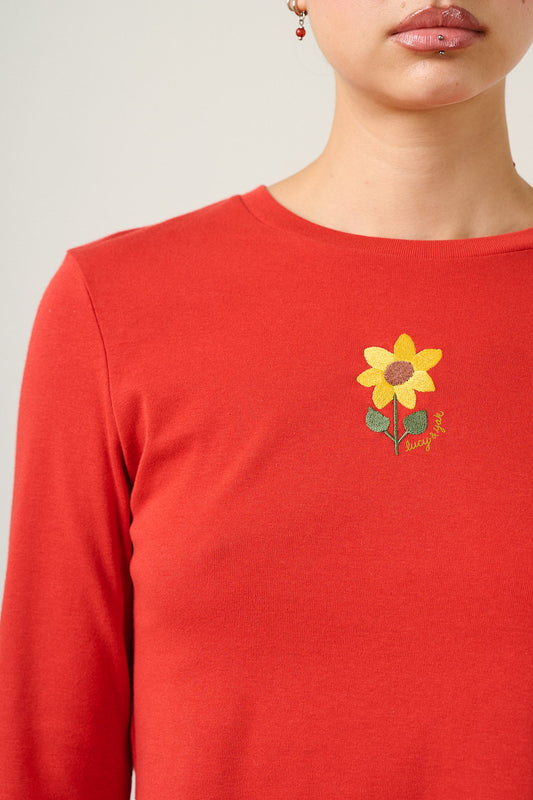 Hansel - Long Sleeve Cotton Top in Red with Sunflower