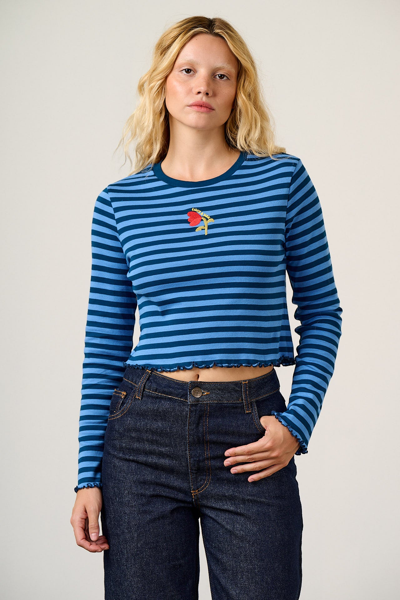Hansel - Long Sleeve Cotton Top in Blue Stripe with Tulip