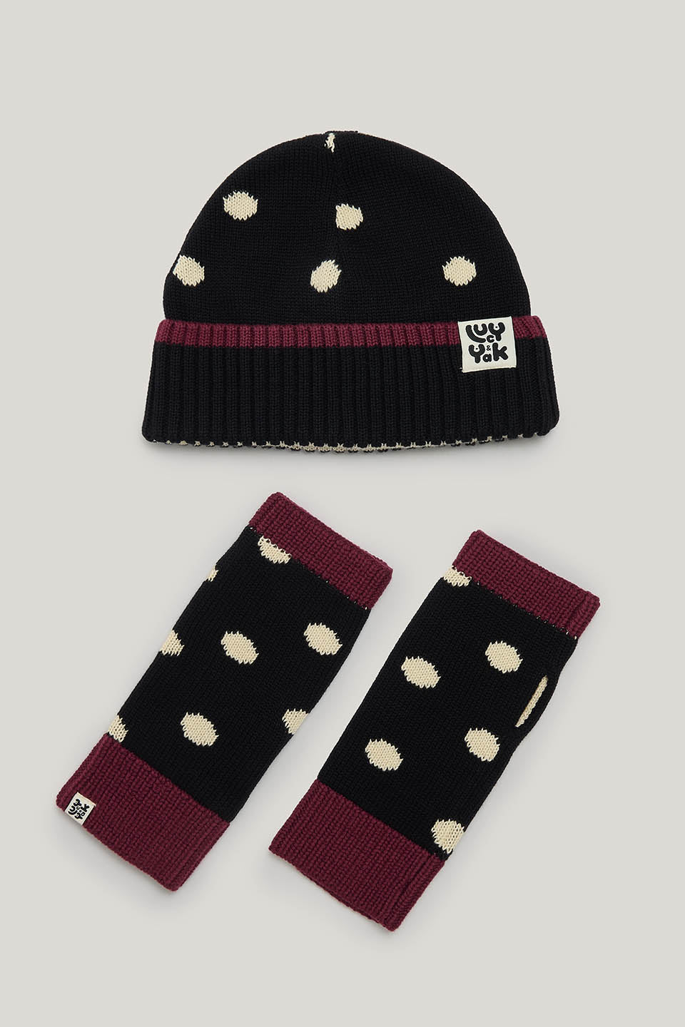 Luca - Knitted Hat & Glove Set - Black Polka Dot