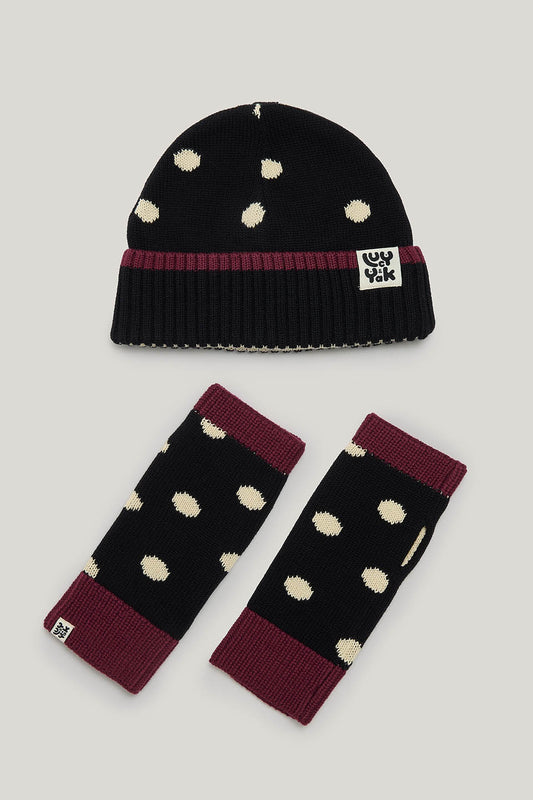 Luca - Knitted Hat & Glove Set - Black Polka Dot
