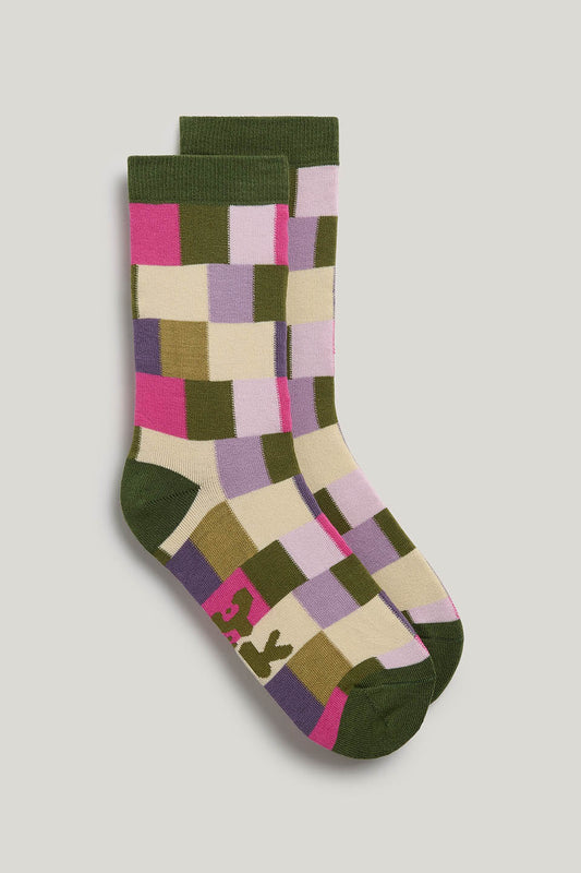 JoJo - Cotton Socks in Green and Pink Checkerboard
