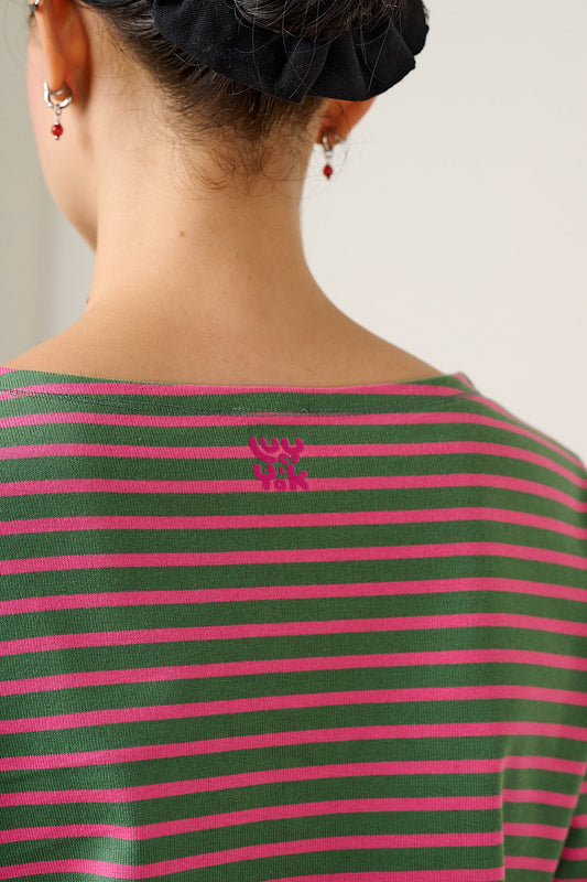 Laia Breton - Long Sleeve Boat Neck Top in Heavy Weight Organic Cotton and Green & Pink Stripe