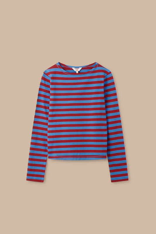 Laia Breton - Long Sleeve Boat Neck Top in Heavy Weight Organic Cotton and Burgundy Blue Stripe