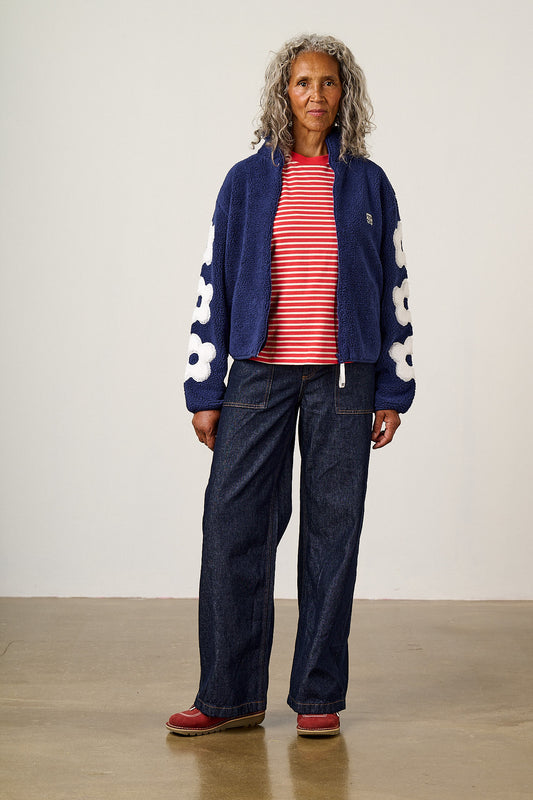 Margot - Borg Fleece with Flower in Navy and Ecru
