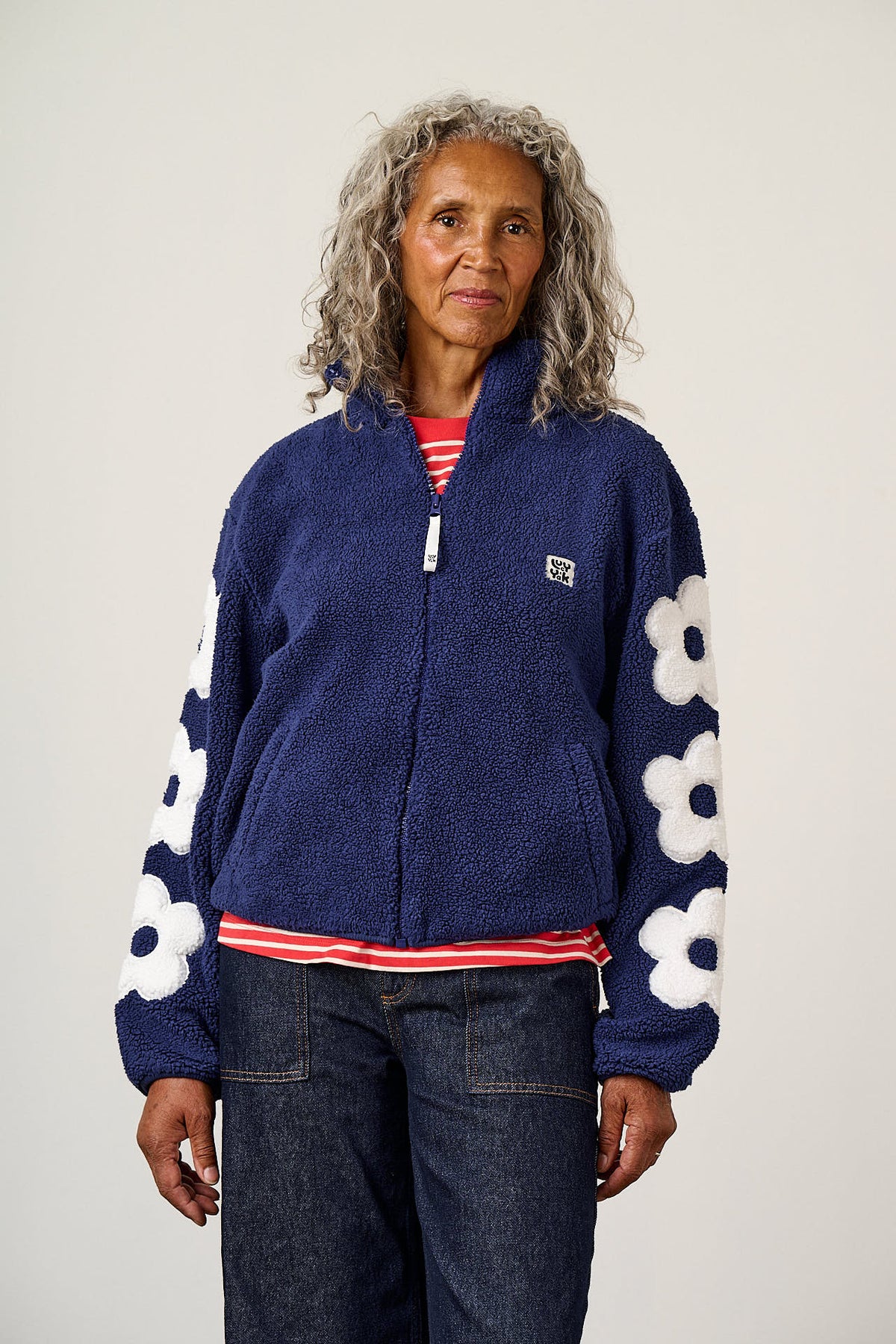 Margot - Borg Fleece with Flower in Navy and Ecru