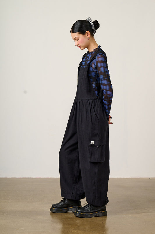 Miyada Cuffed Leg Dungarees - Organic Brushed Cotton in Black